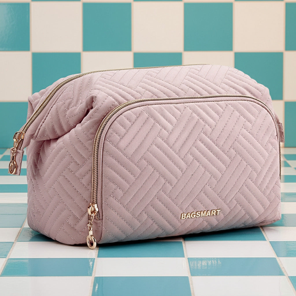 Makeup Bag Cosmetic Pouch, Large Capacity Toiletry Bag Travel Organizer Case for Lipsticks Electonic Accessories, Waterproof Portable, Multifunction, Pink