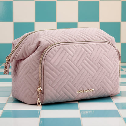 Makeup Bag Cosmetic Pouch, Large Capacity Toiletry Bag Travel Organizer Case for Lipsticks Electonic Accessories, Waterproof Portable, Multifunction, Pink