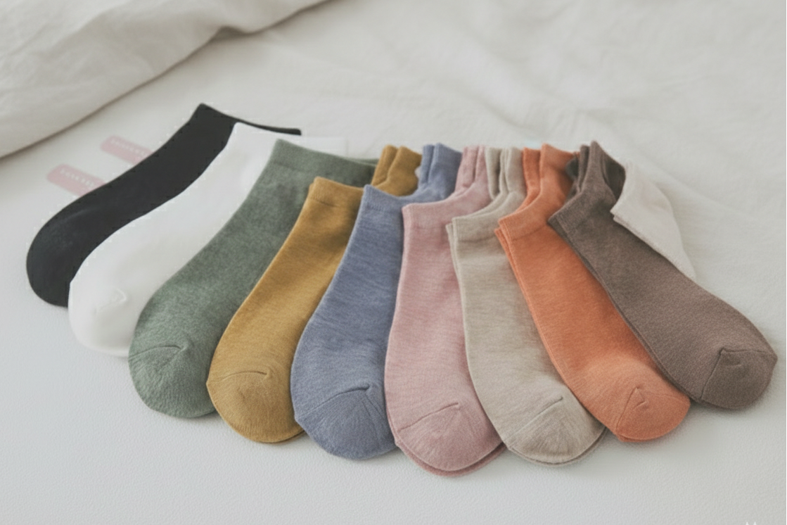 Row of colorful socks on a light gray background